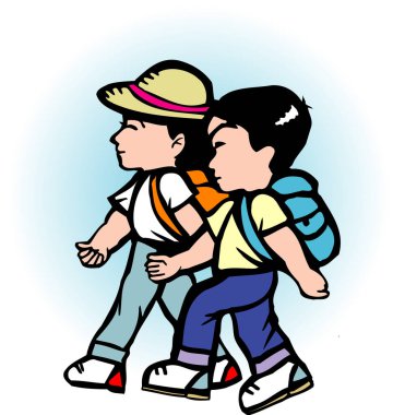 Sırt çantalarıyla yan yana yürüyen iki çocuğun resmi.