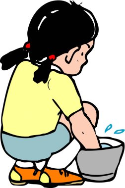 Sarı gömlekli bir kız ellerini kasede yıkıyor.