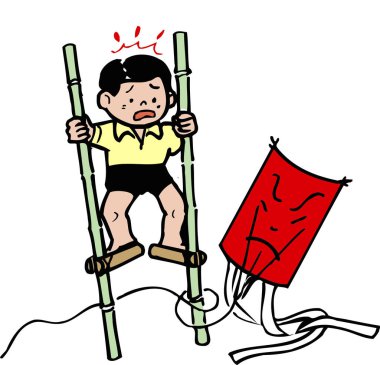 Uçurtmanın yanında bambu ayaklıklarıyla dengede duran endişeli çocuk.