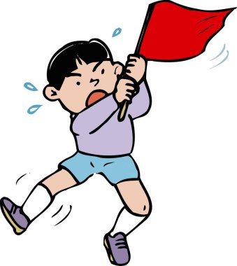 Kırmızı bayraklı bir çizgi film çocuğunun vektör çizimi 