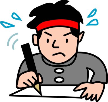 Masada yazı yazarken terleyen kararlı bir çocuk.