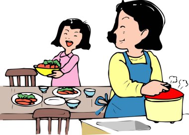 Gülümseyen kadın salata servisi yapan neşeli kızın yanında yemek pişiriyor.