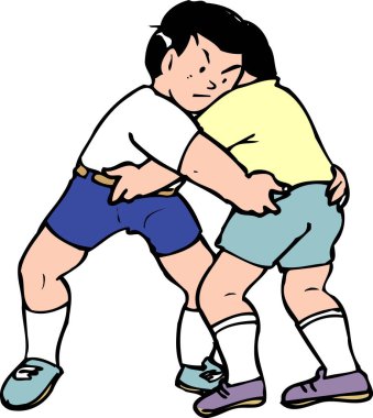 Şort ve spor ayakkabı giymiş güreşen iki çocuk.