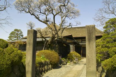 Güzel antik Japon tapınağının manzaralı görüntüsü.