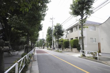 Yeşil ağaçlar ve evlerle dolu sessiz bir yerleşim yeri.