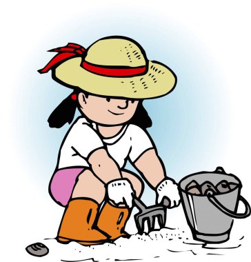 Şapkalı kız metal kovanın yanında toprak kazıyor.