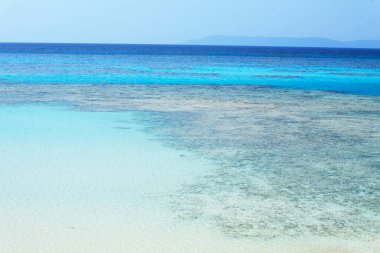 Mavi gökyüzü ve kumlu güzel tropikal plaj      