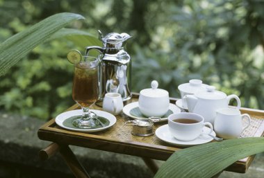 Çay takımının yakın plan görüntüsü ve bahçedeki masada serinletici bir içecek.