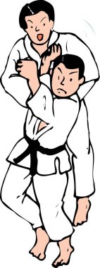 İki erkek karate dövüşçüsü, karikatür çizimi.