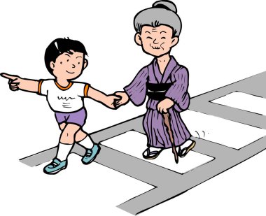 Yaşlı bir kadının karşıdan karşıya geçmesine yardım eden bir çocuğun resmi..