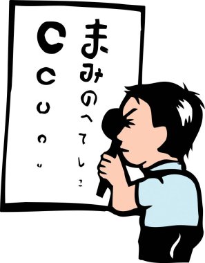 Çocuk büyüteç kullanarak göz grafiğini inceliyor.