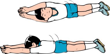 Çocuklar yerde esneme egzersizi yapıyor. renkli illüstrasyon 