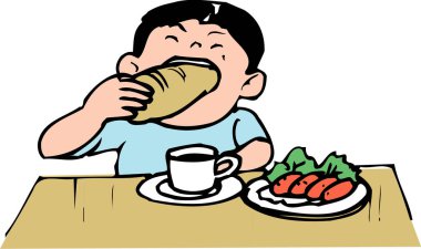 Lezzetli bir kahvaltı yapan bir çocuğun çizgi film çizimi..