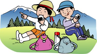 Beyaz arka planda izole edilmiş renkli resimlerle piknik yapan iki Japon çocuk.