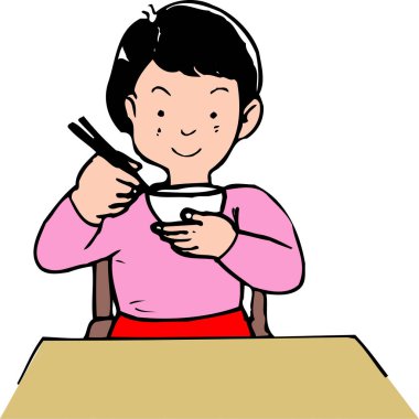 Yemek çubuklarıyla yemek yiyen bir kızın resmi. 