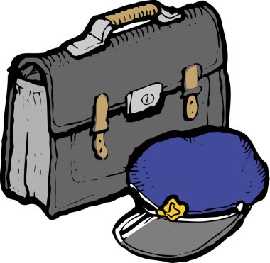 El çizimi bir bavul ve mavi şapka. renkli illüstrasyon 