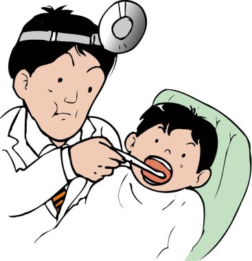 Erkek bir dişçinin hastanın ağzını incelerken çekilmiş tıbbi bir çizimi..