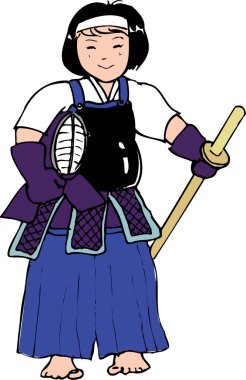 Geleneksel giyinmiş bir kız ve bir katana.