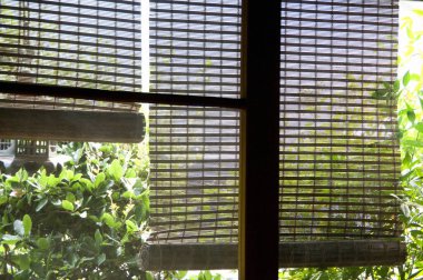 Yeşil yapraklı bitkilerin yakınındaki bambu panjurlarından süzülen güneş ışığı