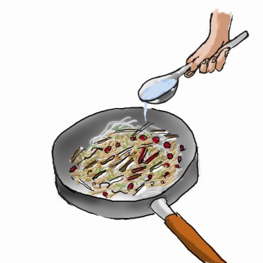 Sebzeli kızartma tavasına sıvı ekliyorum.