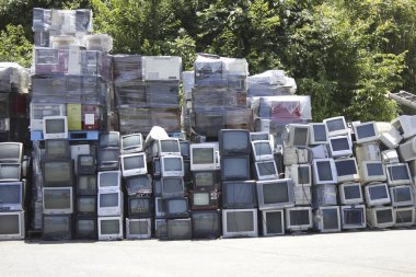 Yapraklı yeşil ağaçların yanında eski televizyonlar yığılıyor.