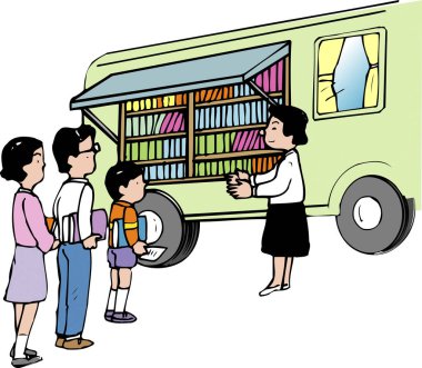 İnsanlar renkli mobil kütüphane kamyonunda bekliyor.