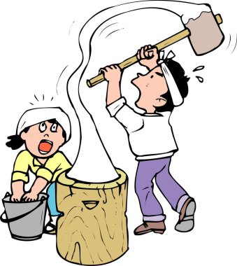 İki kişinin mochi yaptığı bir resim. Bir kişi büyük bir çekiç sallayarak pirinci ezerken diğer kişi onu yoğuruyor..