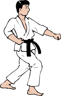 Asyalı adam karate yapıyor, beyaz arka planda karikatür çizimi.