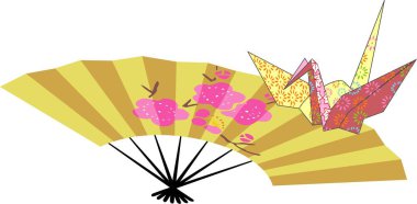 Sarı bir yelpaze, pembe çiçekler ve katlanmış kağıt bir vinç..