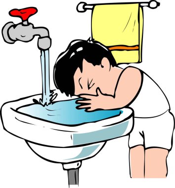 Sabahları yüzünü yıkayan bir çocuğun resmi. 