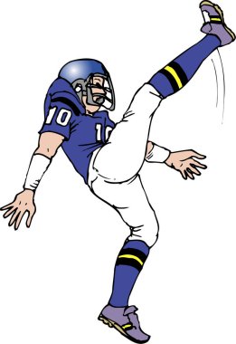 Mavi-beyaz üniformalı bir futbolcunun tasviri, kask takıyor, bacaklarını havada tekmeliyor..