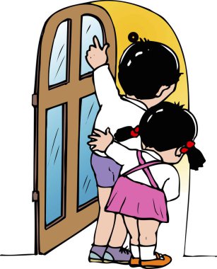 İki çocuk, tuhaf bir şekilde kapıdan dışarı bakıyor.