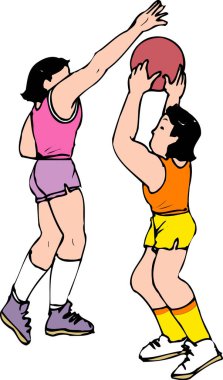 Basketbol oynayan kızlar beyaz arka planda basit karikatür çizimleri yapıyorlar.  