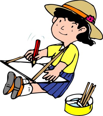 Kalemlerle çizen kız beyaz arkaplanda basit karikatür çizimi  