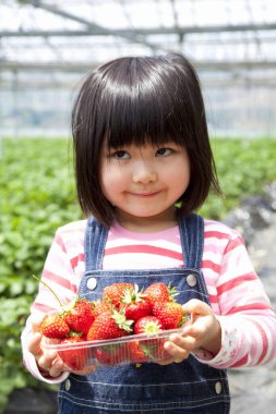 Çilek tutan tatlı kız.