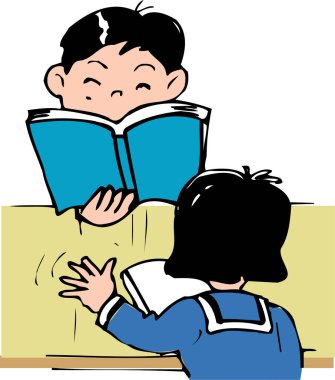 Masada birlikte kitap okuyan iki çocuk.