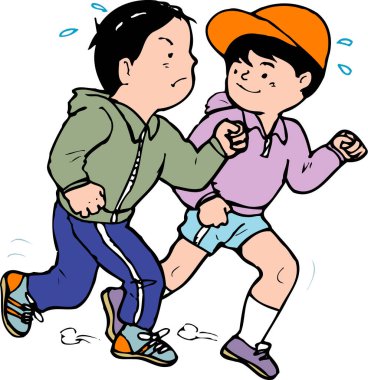 Çizgi film çizimi iki çocuğun koşuşunu gösteriyor, biri gülümsüyor ve diğeri gergin görünüyor..