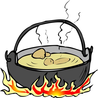 Siyah kazanın içinde patates kaynayan çorba.