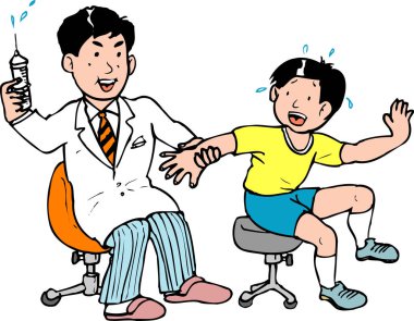 Gülen bir doktorun iğnesinden kaçmaya çalışan korkmuş bir çocuğun karikatür çizimi..