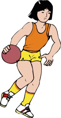 Odaklanmış, spor kıyafetleri içinde basketbol topu süren genç bir kadının çizgi film çizimi..