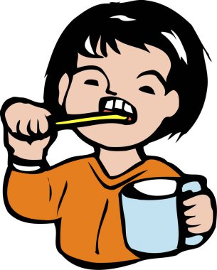 Küçük çocuk elinde mavi bardakla dişlerini fırçalıyor.