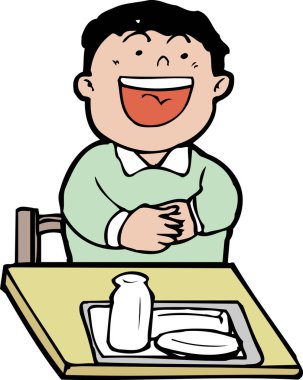 Öğle yemeği yiyen küçük bir çocuğun çizgi film çizimi. 