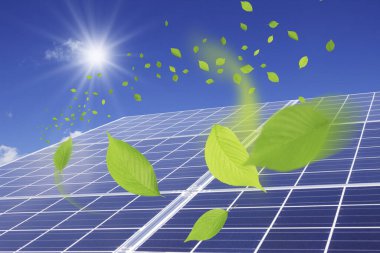 Güneş ve yeşil yapraklı güneş enerjisi kavramı 