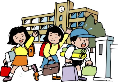 Sırt çantalı okul çocukları. renkli sanat çizimi 