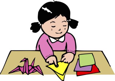 Saçları örgülü, origami yapan, kağıt sanatı yapan bir çocuğun şirin bir çizimi..