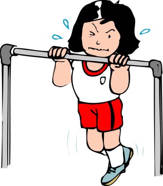 Beden eğitimi üniformalı, barfiks çekmeye çalışan kararlı bir kızın karikatür çizimi..