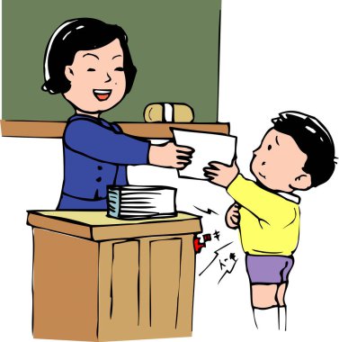 Gülümseyen öğretmen kağıtları genç çocuğa veriyor.