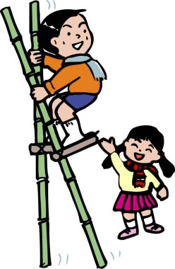 Geleneksel bir Japon stilt-walk oyunu oynayan iki çocuğun resmi.