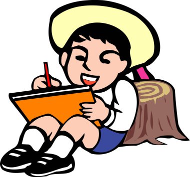 Ağaç kütüğünün yanındaki defterde mutlu bir çocuğun çizimi.