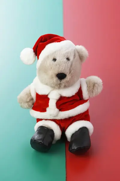 Boże Narodzenie Pluszowy Miś Kostiumie Świętego Mikołaja — Zdjęcie stockowe